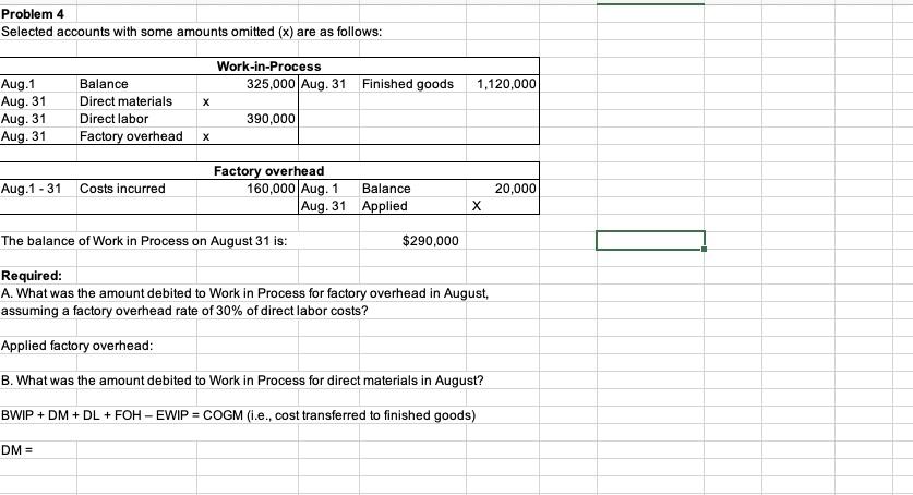 Problem 4 Selected accounts with some amounts omitted (x) are as follows: