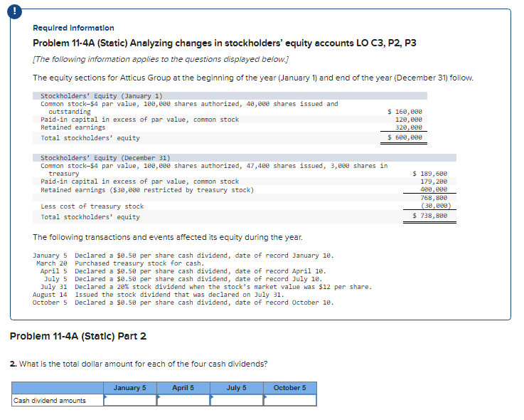 Required Information Problem 11-4A (Static) Analyzing changes in stockholders' equity accounts LO