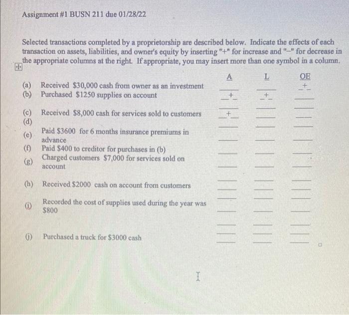 Assignment #1 BUSN 211 due 01/28/22 Selected transactions completed by a proprietorship