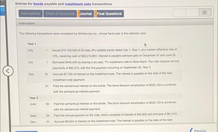 Entries for bonds payable and installment note transactions Instructions Chart of Accounts