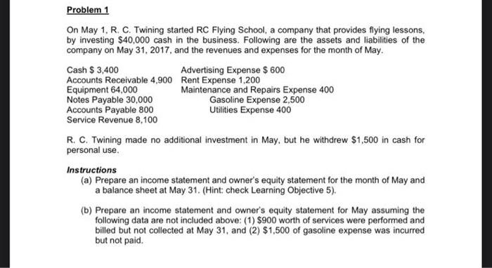 Problem 1 On May 1, R. C. Twining started RC Flying School,