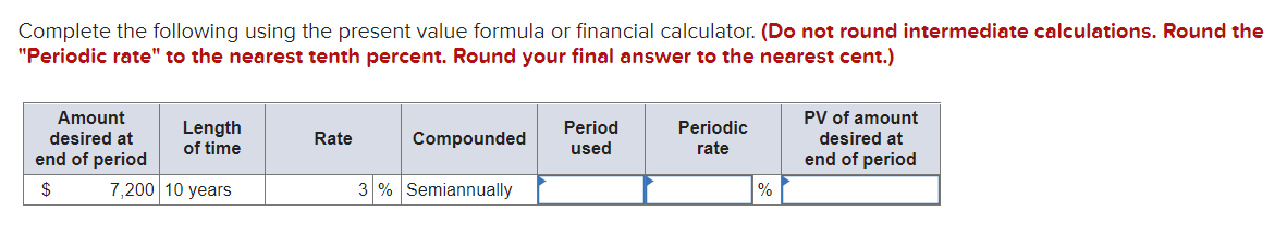 Complete the following using the present value formula or financial calculator. (Do