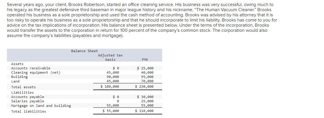 Several years ago, your client, Brooks Robertson, started an office cleaning service.