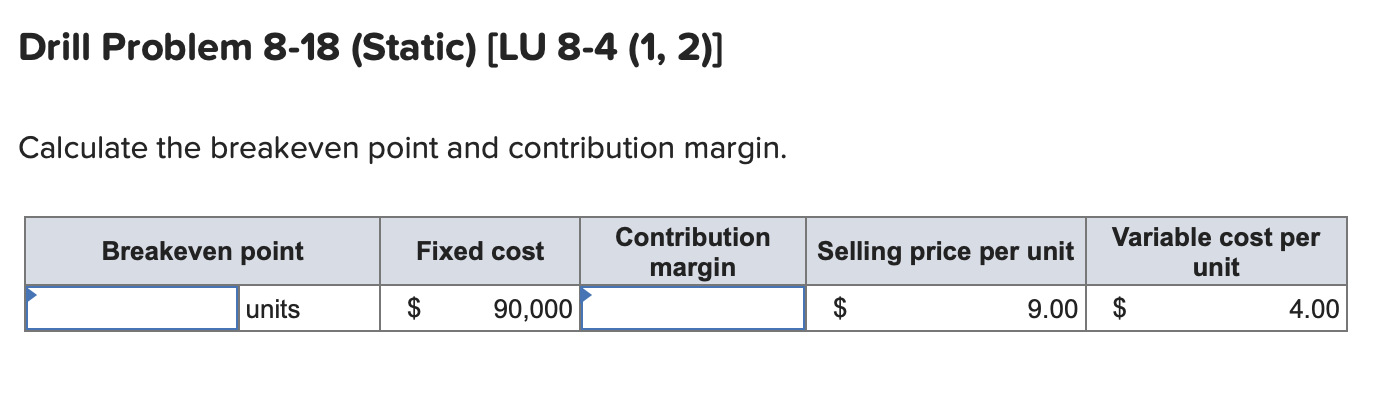 Drill Problem 8-18 (Static) [LU 8-4 (1, 2)] Calculate the breakeven point