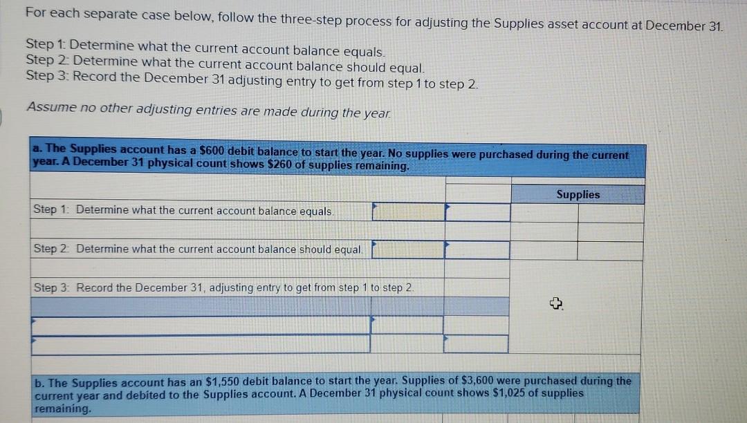 For each separate case below, follow the three-step process for adjusting the