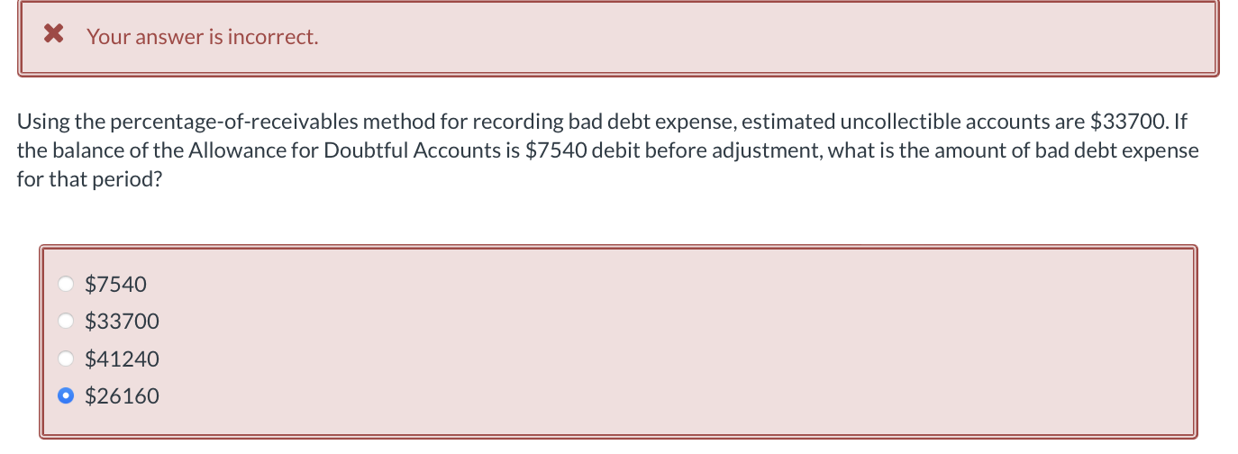 Your answer is incorrect. Using the percentage-of-receivables method for recording bad debt