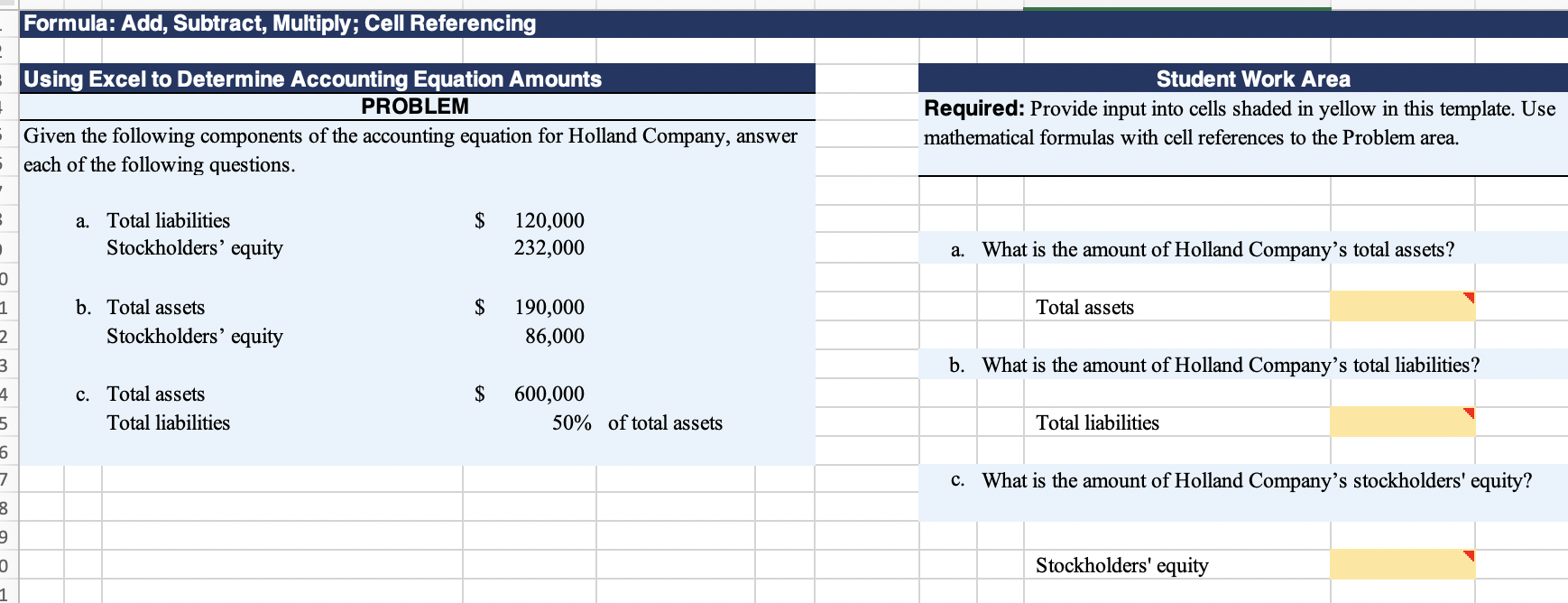 Formula: Add, Subtract, Multiply; Cell Referencing Using Excel to Determine Accounting Equation
