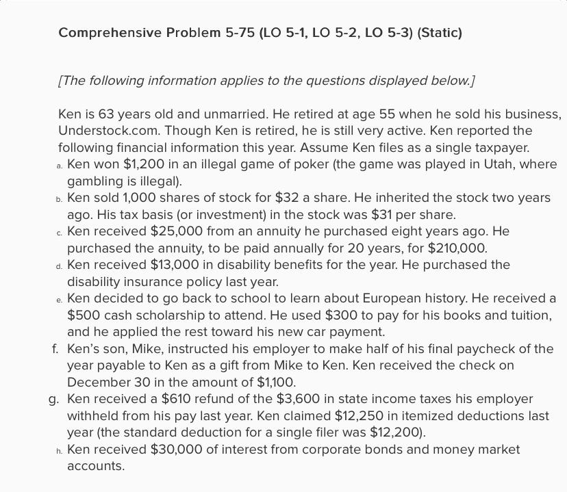 Comprehensive Problem 5-75 (LO 5-1, LO 5-2, LO 5-3) (Static) [The following