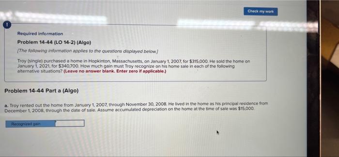 Check my work Required information Problem 14-44 (LO 14-2) (Algo) [The following