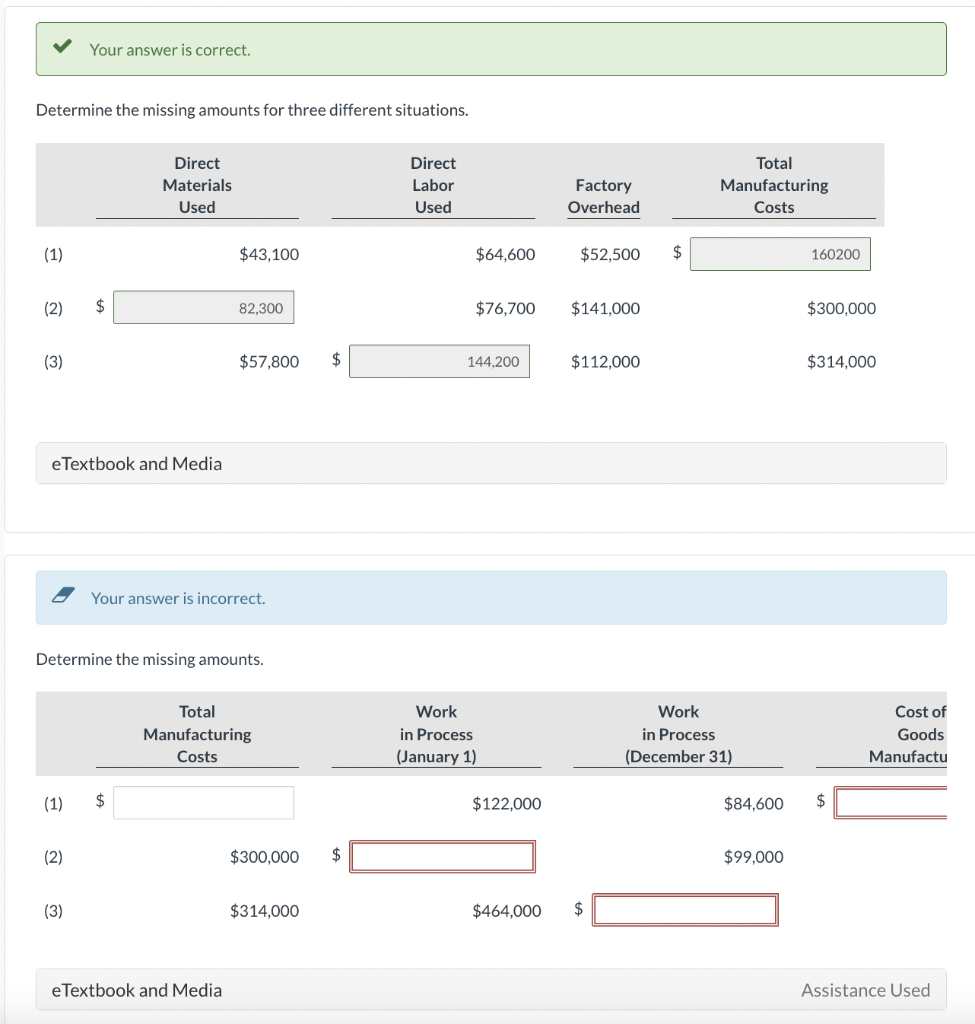 Your answer is correct. Determine the missing amounts for three different situations.