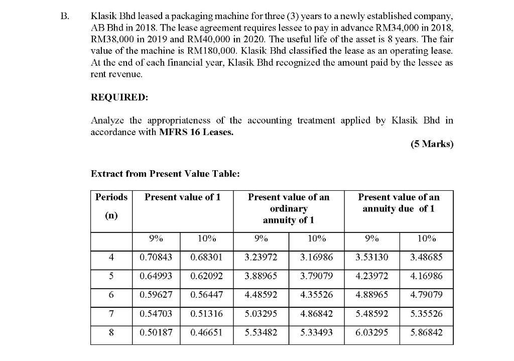 B. Klasik Bhd leased a packaging machine for three (3) years to