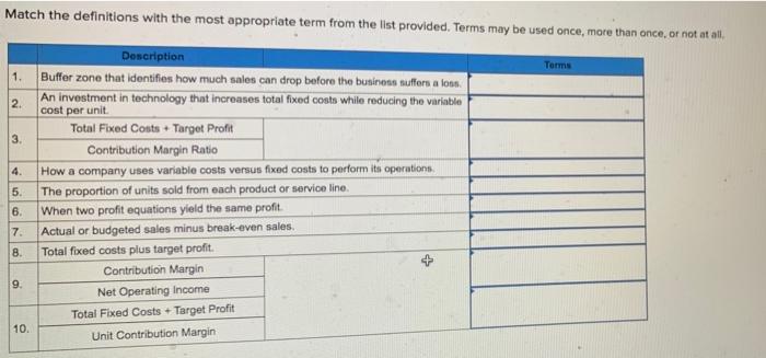 Match the definitions with the most appropriate term from the list provided.