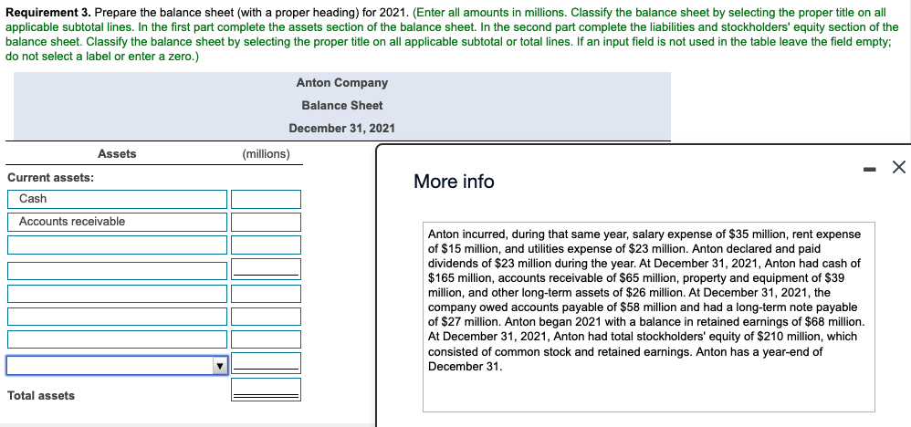 Requirement 3. Prepare the balance sheet (with a proper heading) for 2021.