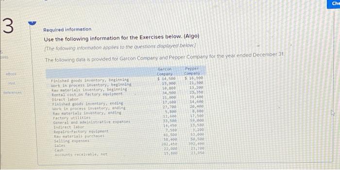 3 ints Book eferences Required information Use the following information for the