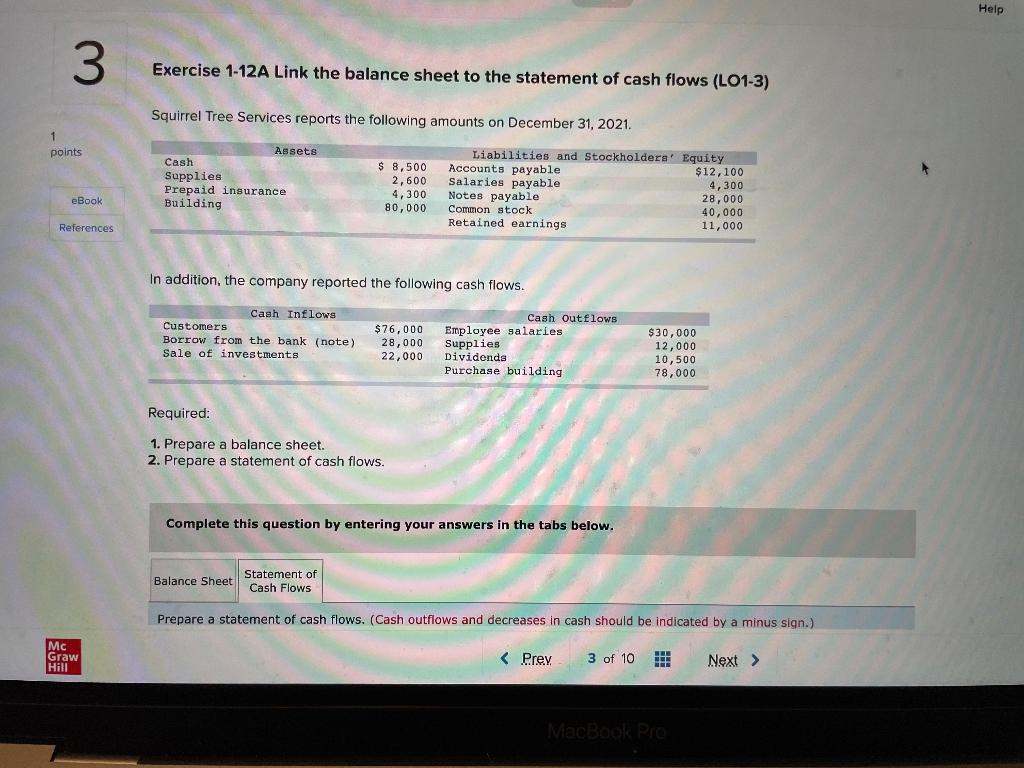 3 Exercise 1-12A Link the balance sheet to the statement of cash