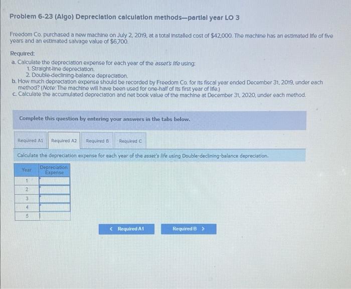 Problem 6-23 (Algo) Depreciation calculation methods-partial year LO 3 Freedom Co. purchased