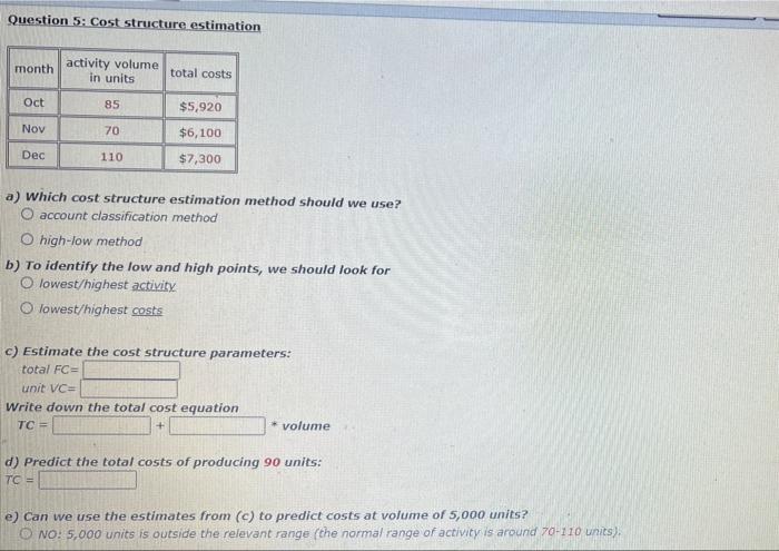 Question 5: Cost structure estimation activity volume month total costs in units