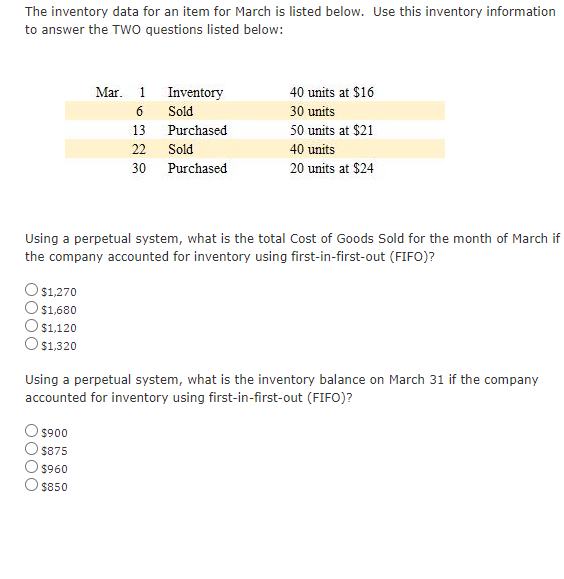 The inventory data for an item for March is listed below. Use