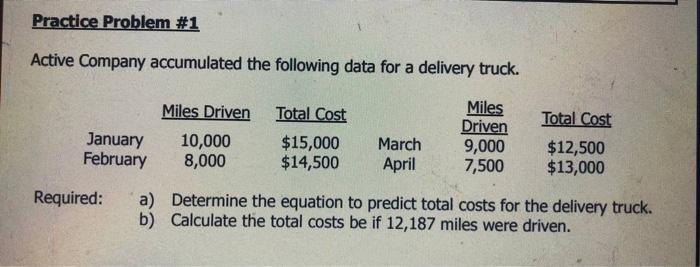 Practice Problem #1 Active Company accumulated the following data for a delivery