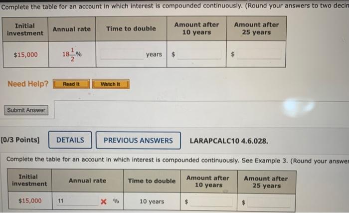 Complete the table for an account in which interest is compounded continuously.