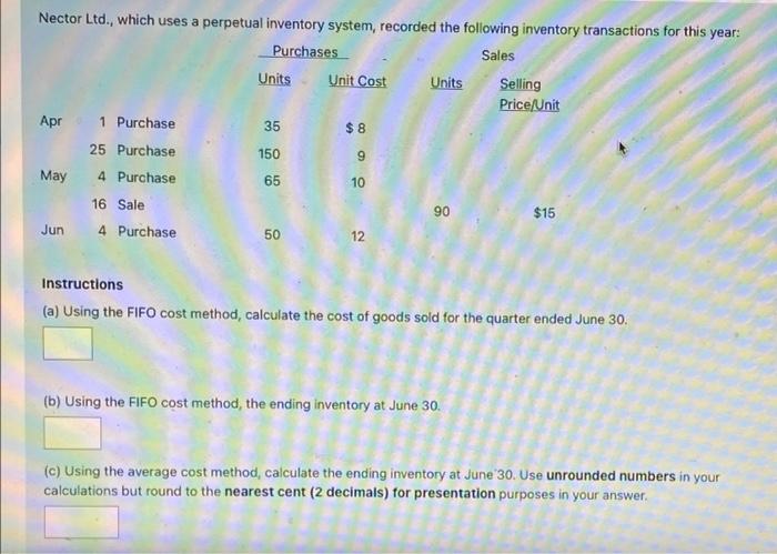 Nector Ltd., which uses a perpetual inventory system, recorded the following inventory