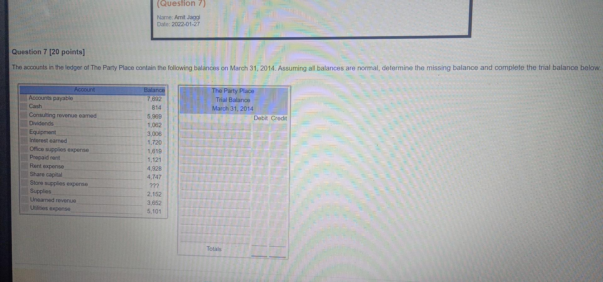 (Question 7) Name: Amit Jaggi Date: 2022-01-27 Question 7 [20 points] The