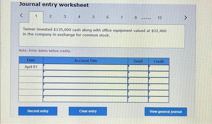 Journal entry worksheet 2 3 4 5 6 7 8 12 Tanner