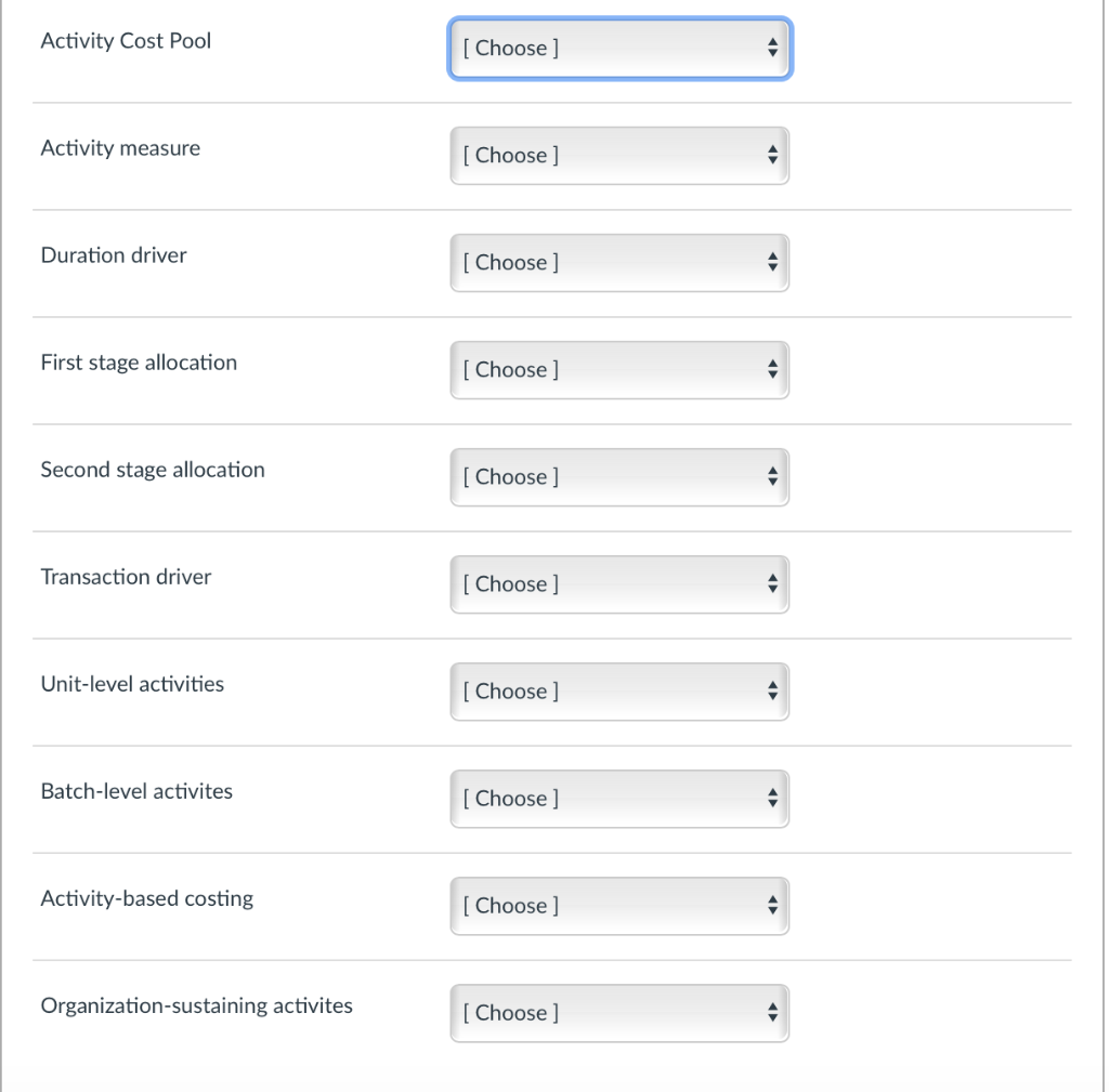 Activity Cost Pool [Choose ] Activity measure [Choose ] Duration driver [Choose