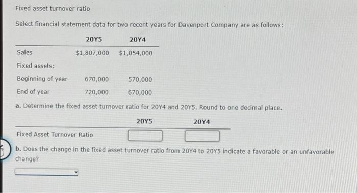 Fixed asset turnover ratio Select financial statement data for two recent years