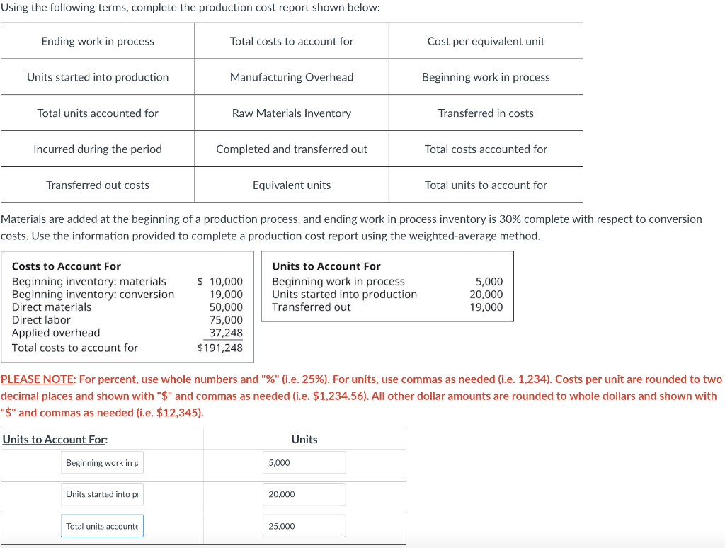 Using the following terms, complete the production cost report shown below: Ending
