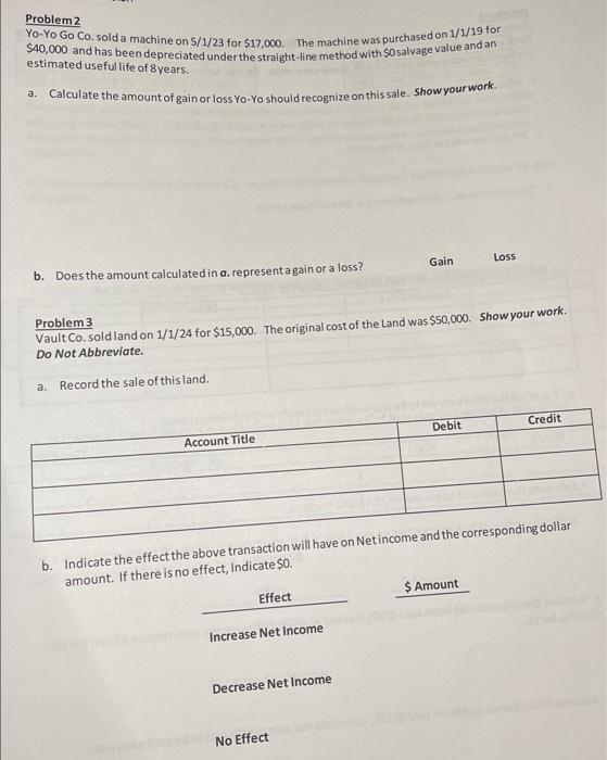 Problem 2 Yo-Yo Go Co. sold a machine on 5/1/23 for $17,000.