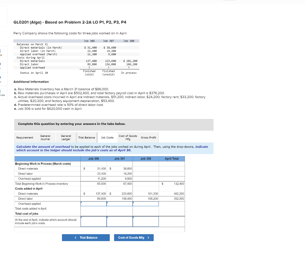 Perry Company shows the following costs for three jobs worked on in