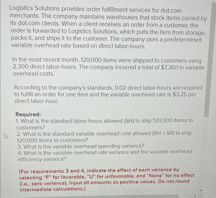 Logistics Solutions provides order fulfillment services for dot.com merchants. The company maintains