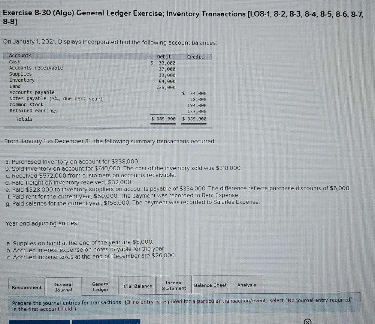 Exercise 8-30 (Algo) General Ledger Exercise; Inventory Transactions (LO8-1, 8-2, 8-3, 8-4,