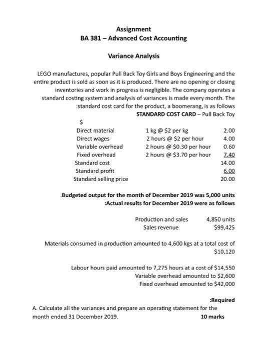 Assignment BA 381 - Advanced Cost Accounting Variance Analysis LEGO manufactures, popular
