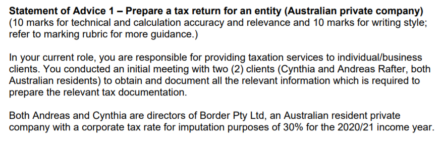 Statement of Advice 1 - Prepare a tax return for an entity