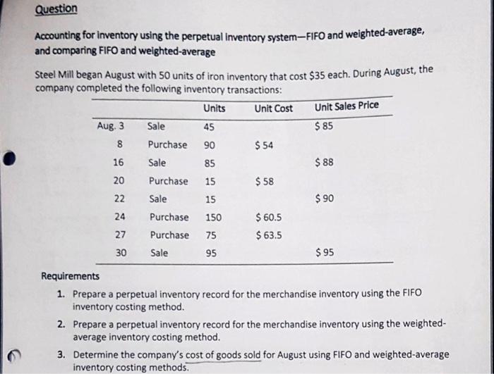 Question Accounting for inventory using the perpetual inventory system-FIFO and weighted-average, and