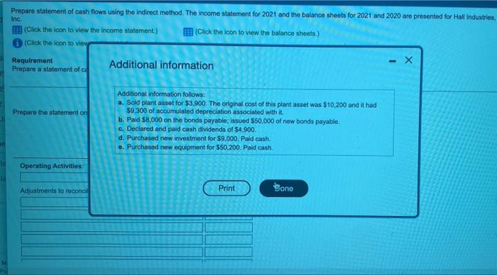 Inc. Prepare statement of cash flows using the indirect method. The income