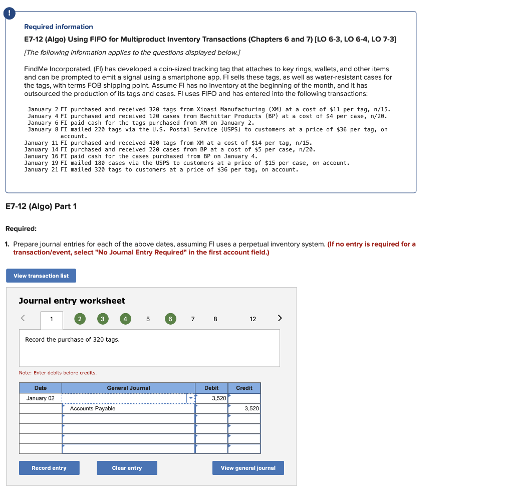 ! Required information E7-12 (Algo) Using FIFO for Multiproduct Inventory Transactions (Chapters