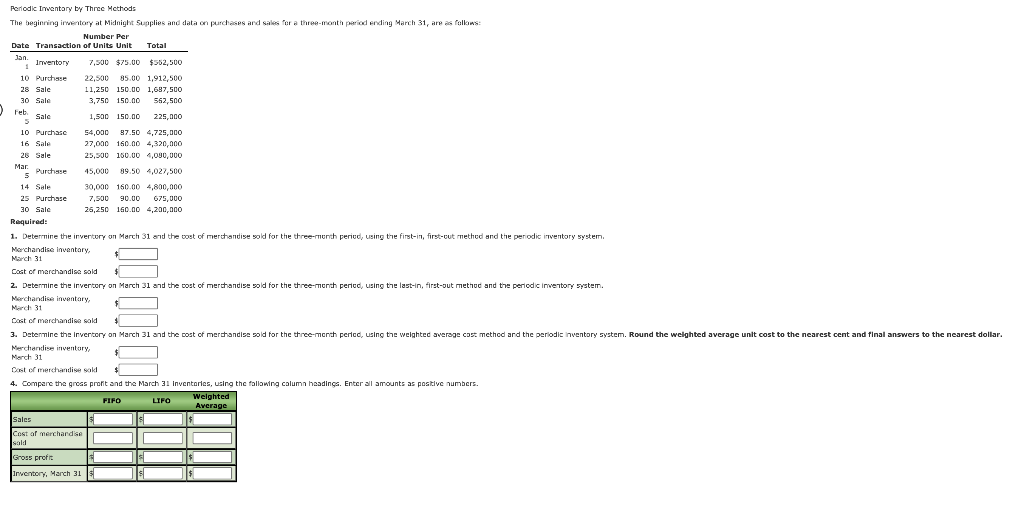 Periodic Inventory by Three Methods The beginning inventory at Midnight Supplies and