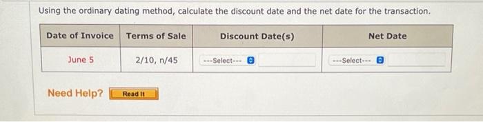 Using the ordinary dating method, calculate the discount date and the net