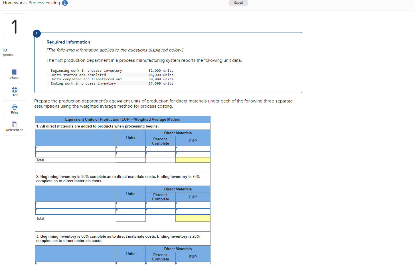 Homework - Process costing i Saved 1 10 points Required information [The