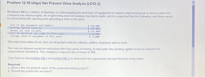 Problem 12-16 (Algo) Net Present Value Analysis [LO12-2] Windhoek Mines, Limited, of