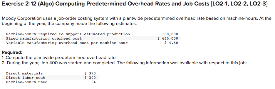 Exercise 2-12 (Algo) Computing Predetermined Overhead Rates and Job Costs [LO2-1, LO2-2,