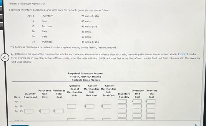 Perpetual Inventory Using FIFO Beginning inventory, purchases, and sales data for portable