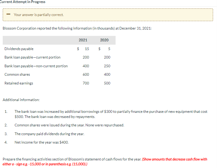 Current Attempt in Progress - Your answer is partially correct. Blossom Corporation