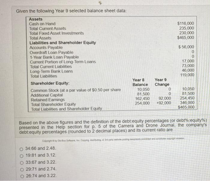 Given the following Year 9 selected balance sheet data: Assets Cash on