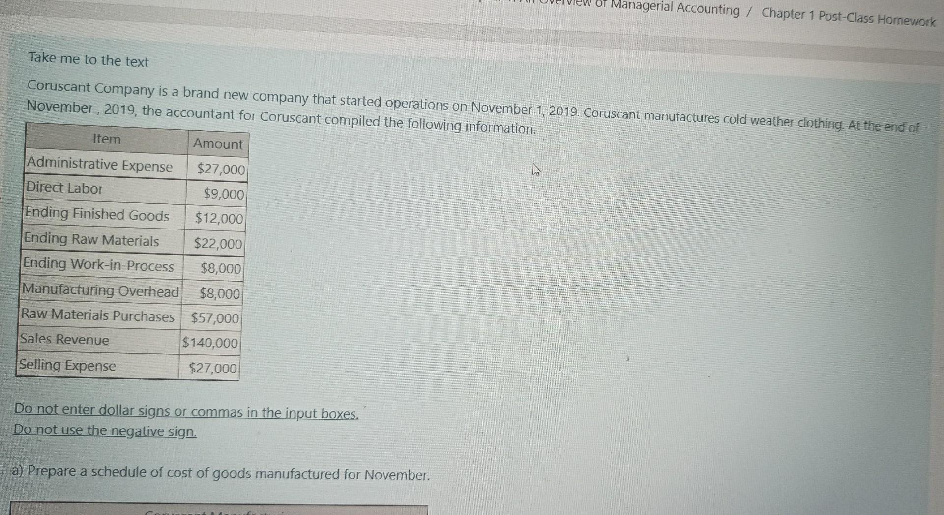 of Managerial Accounting / Chapter 1 Post-Class Homework Take me to the