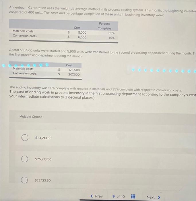Annenbaum Corporation uses the weighted-average method in its process costing system. This