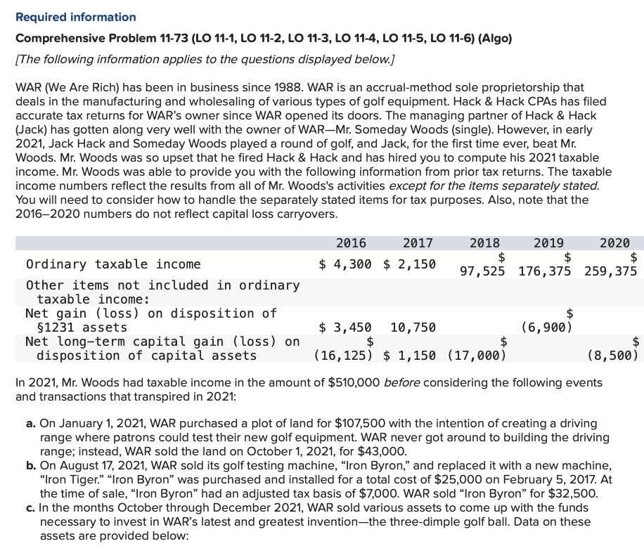 Required information Comprehensive Problem 11-73 (LO 11-1, LO 11-2, LO 11-3, LO